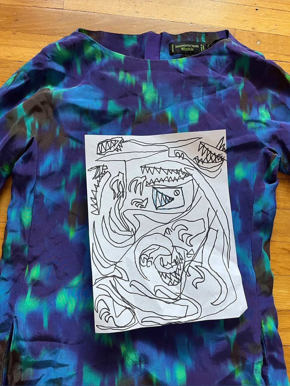 Shanghai Tang 100% mulberry silk abstract l/s tunic top blouse purple abstract 4